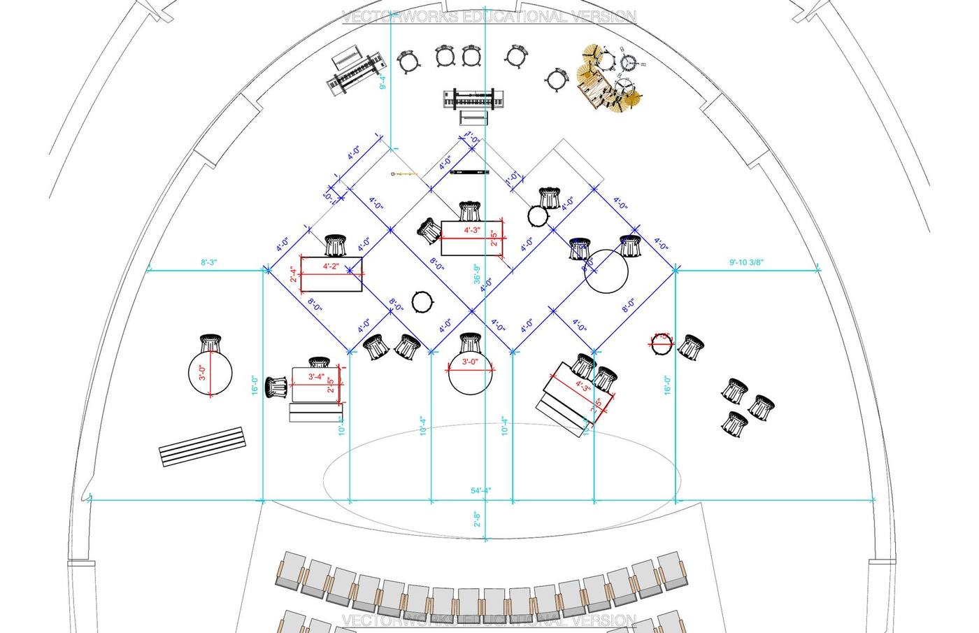 Dimensioned ground plan — platform layout and seating