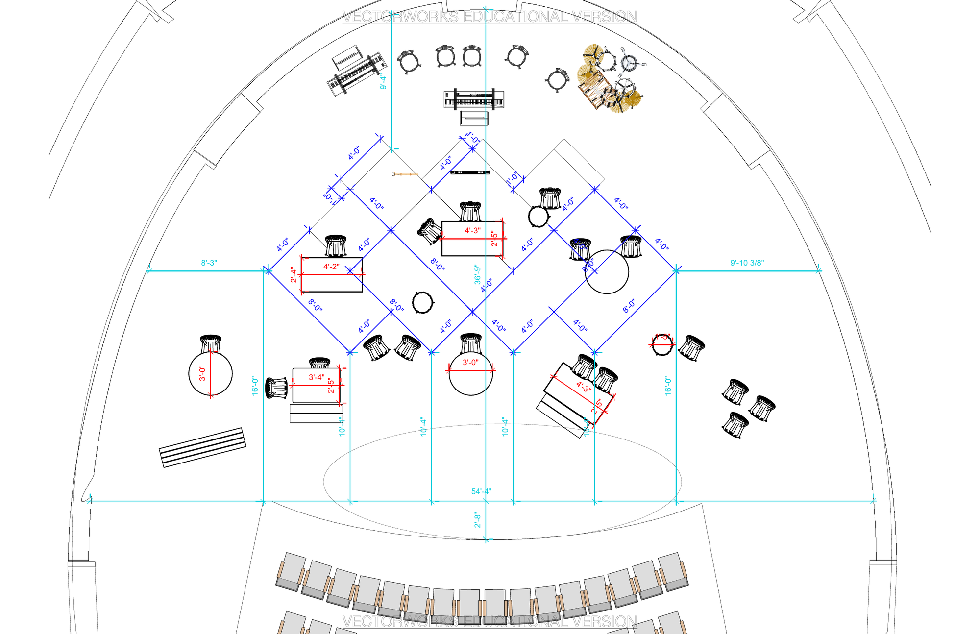 Dimensioned ground plan — platform layout and seating