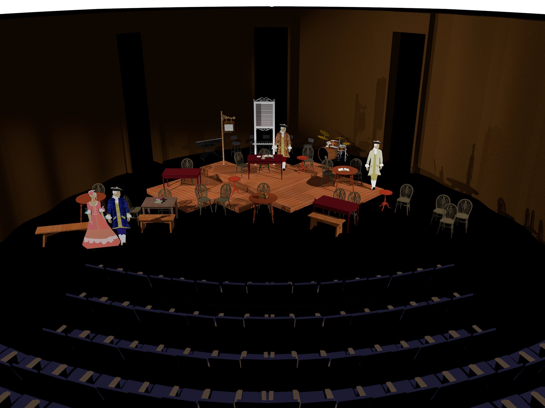 1776 — color rendering of the in-the-round chamber, the company in period costume