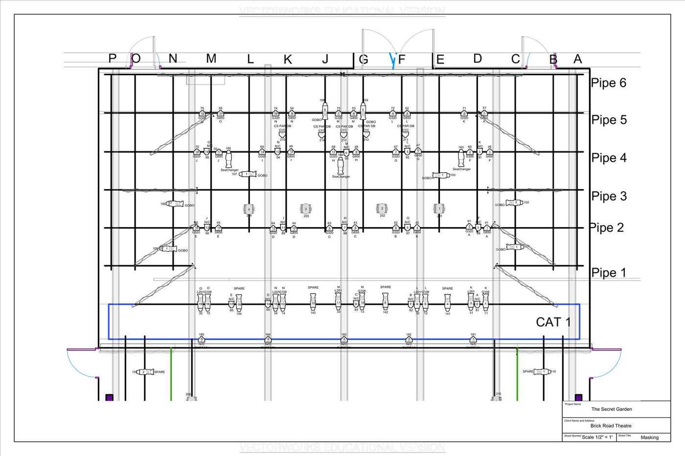 Courtyard Theatre masking plot — rig keyed against masking legs and borders