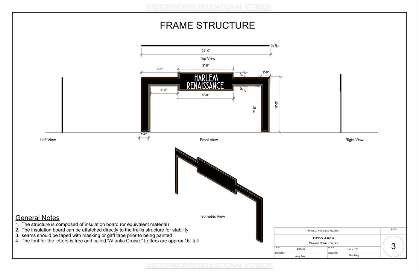 Frame structure — top, front, side, and isometric views of the insulation-board marquee frame with full dimensions (21'-0" span, 9'-0" tall, 9'-0" marquee plate)