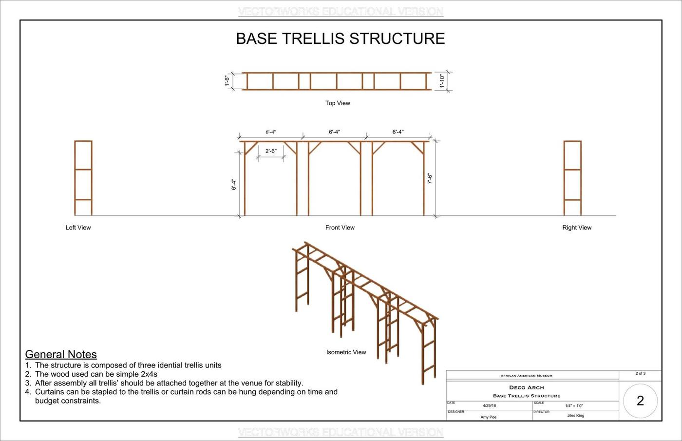 Base trellis structure — top, front, side, and isometric views with construction notes (2x4 lumber, three identical 6'-4" bays, 7'-6" tall)