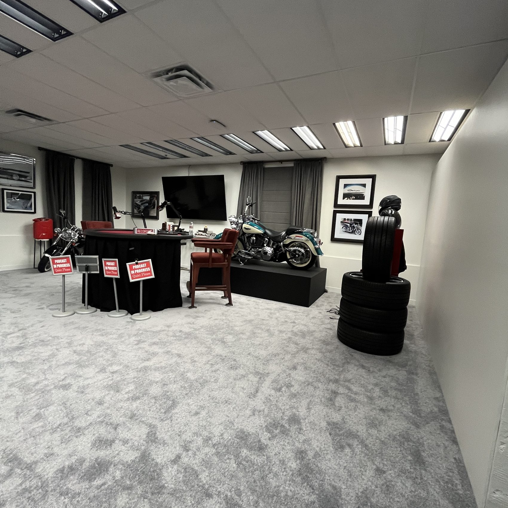 Themed podcast room — motorcycle and garage dressing