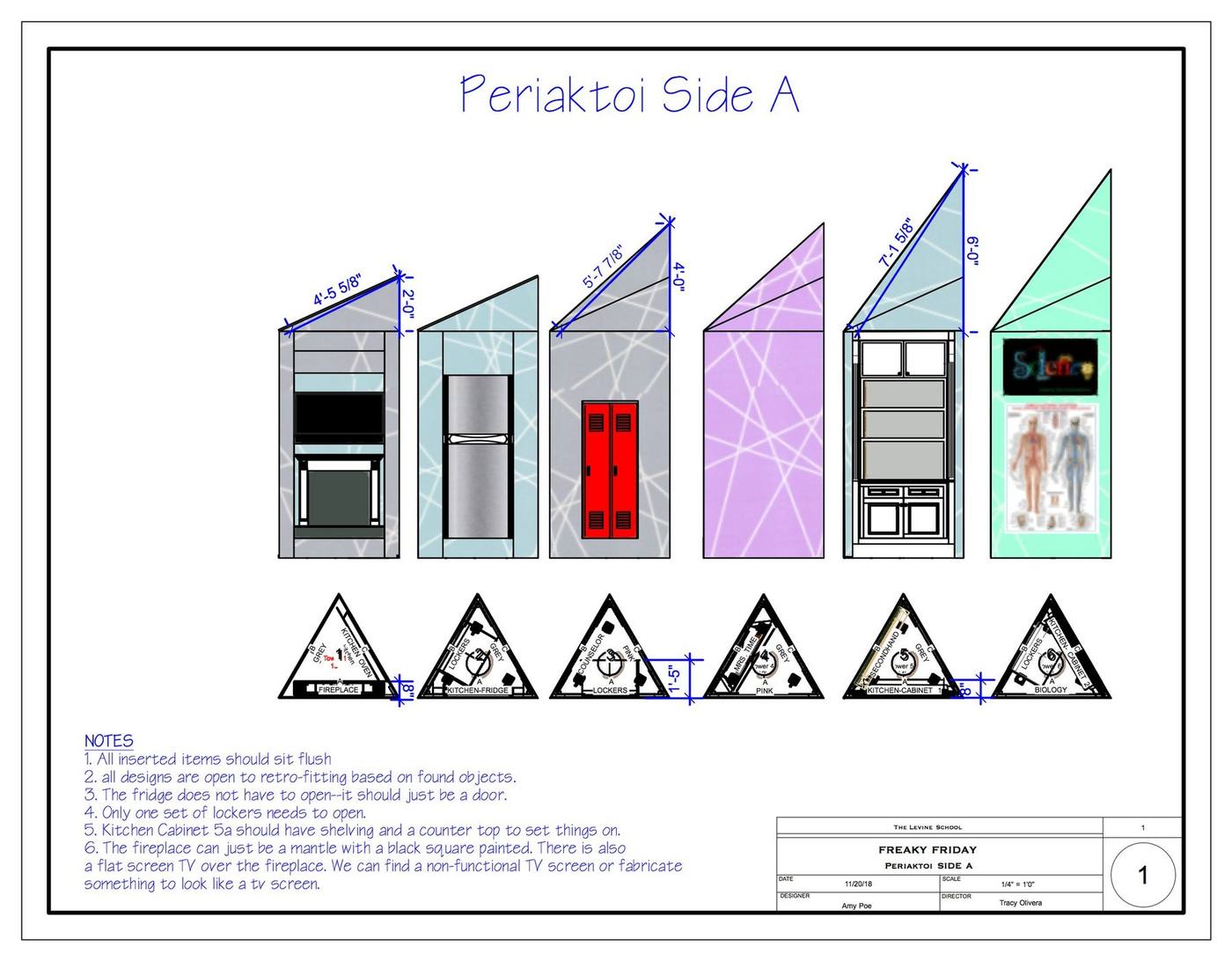 Periaktoi Side A — six unit elevations dimensioned, with plan-view triangles and construction notes