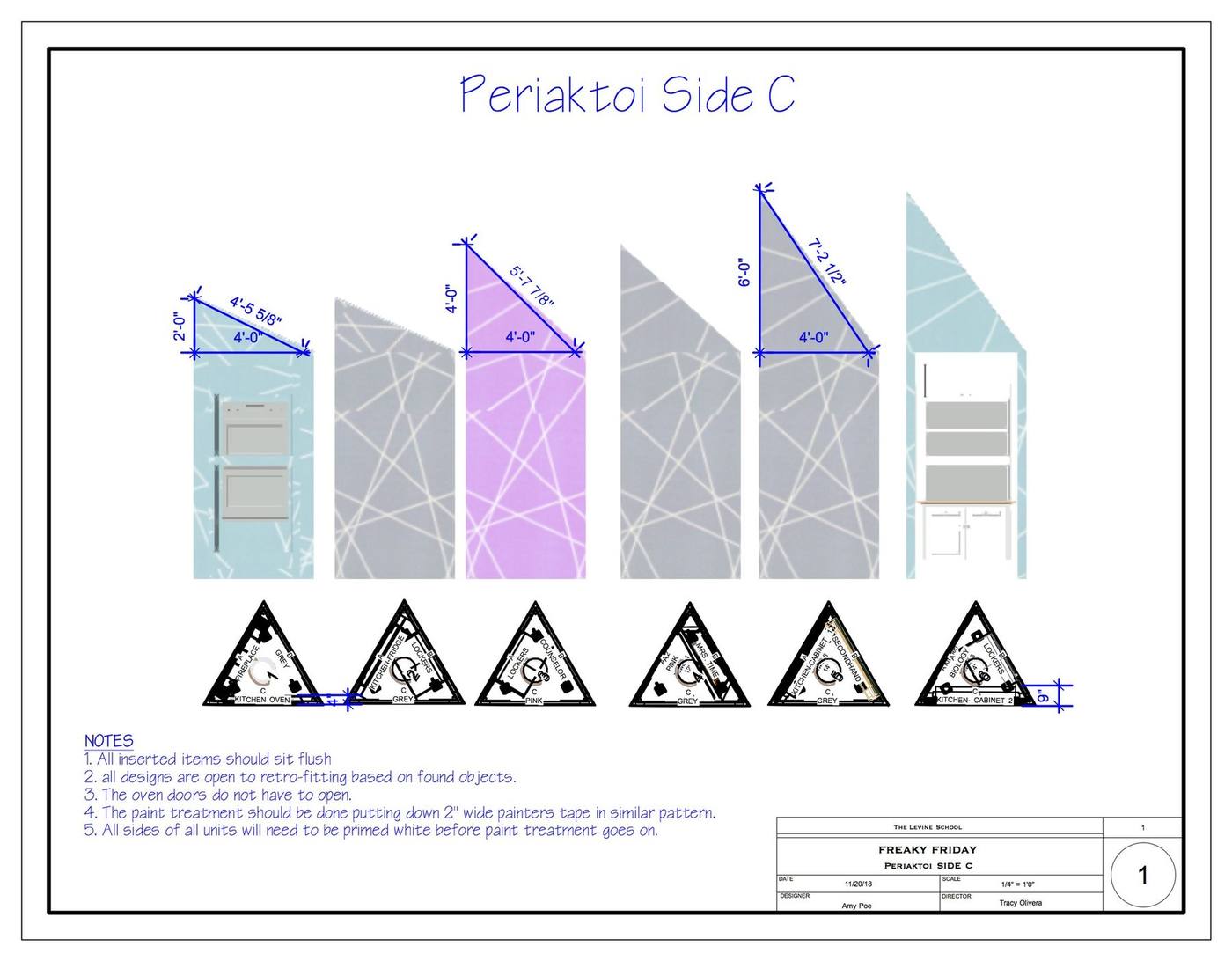 Periaktoi Side C — six unit elevations: kitchen oven and kitchen cabinet 2, with dimensioned angles