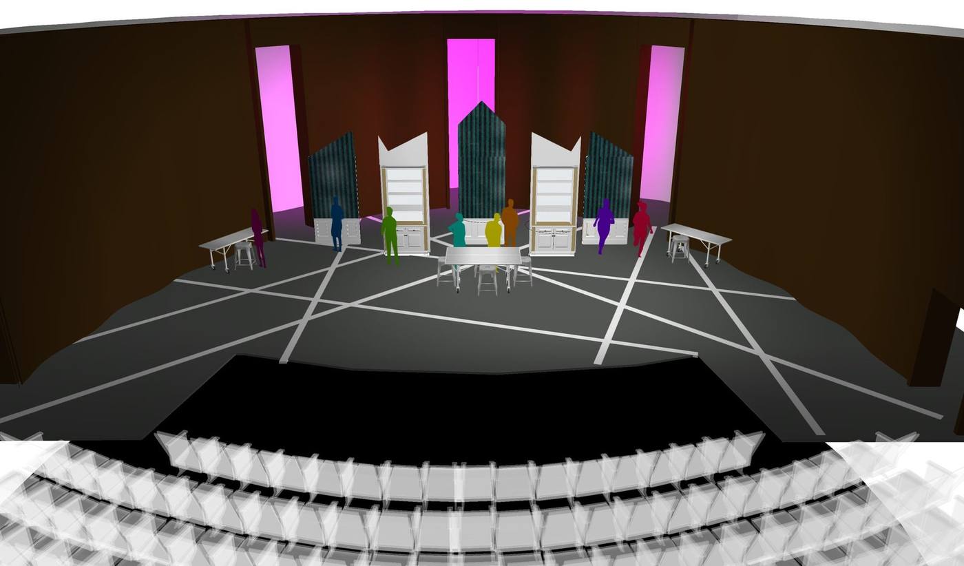 Freaky Friday — 3D rendering: rotating periaktoi houses, kitchen-fridge units and central table under magenta light