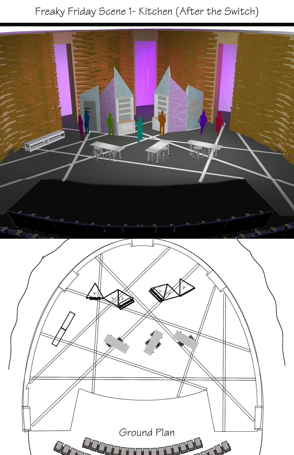 Scene 1 — Kitchen, After the Switch: rendered configuration with periaktoi rotated to reveal the alternate face, with ground plan