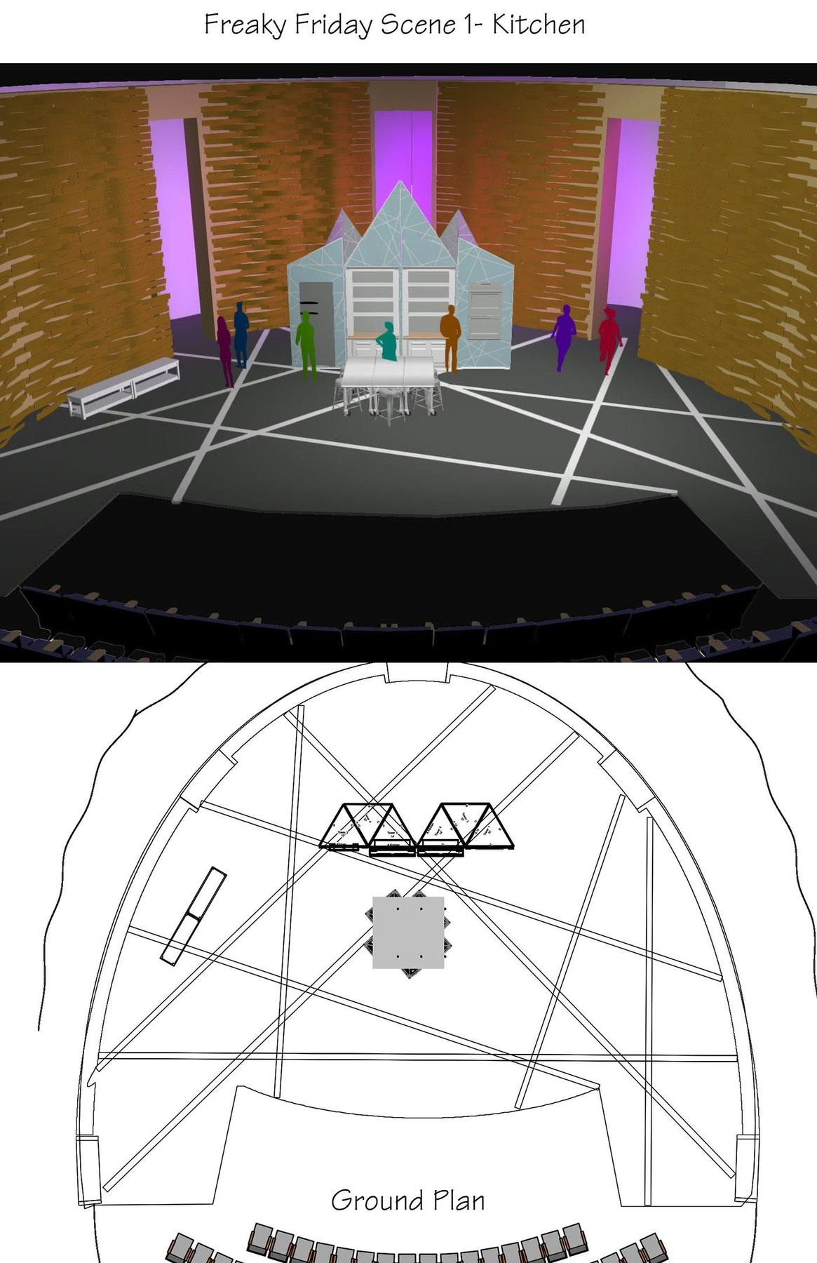 Scene 1 — Kitchen: rendered configuration with ground plan, periaktoi flat side facing the audience