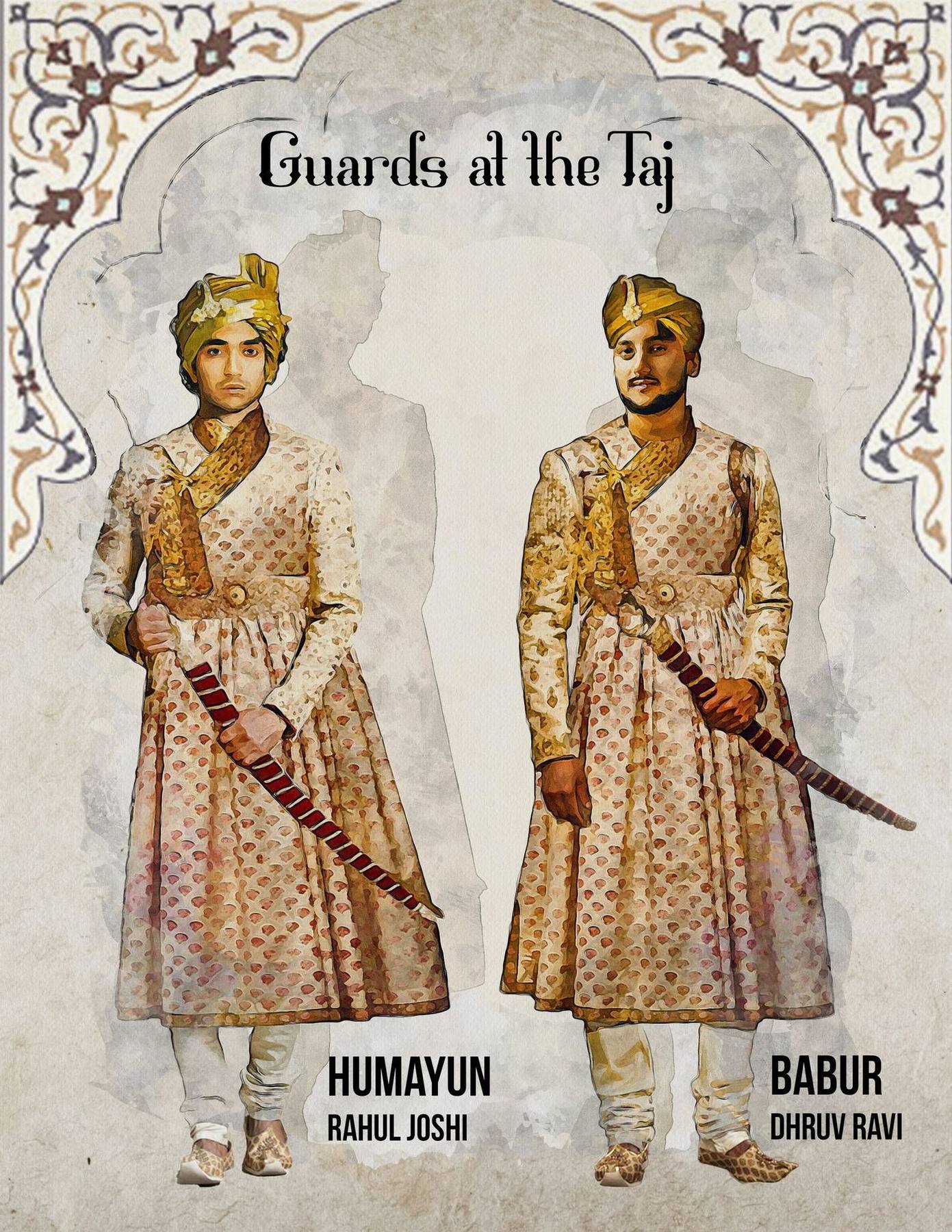 Act I costume rendering — Humayun and Babur in full Mughal guard regalia