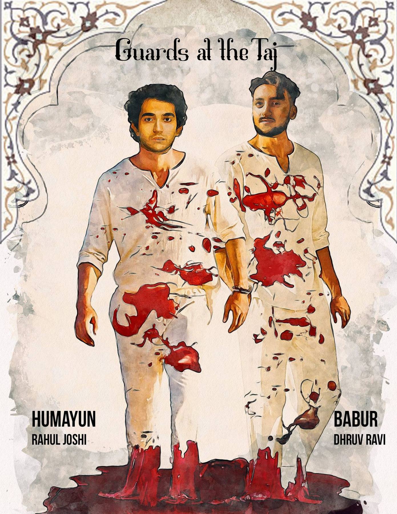 Act II costume rendering — Humayun and Babur in blood-stained undergarments