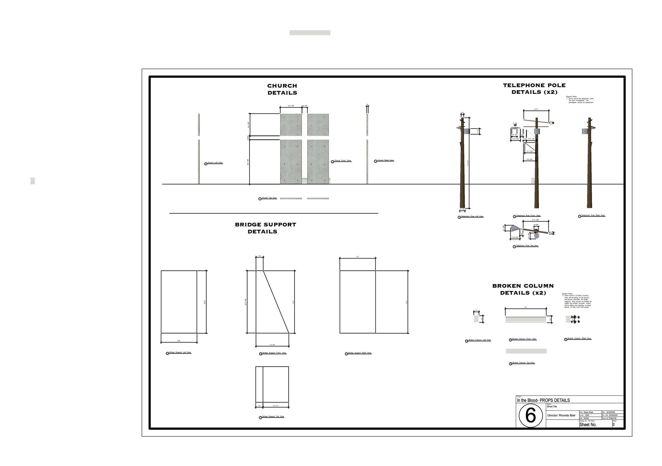 Props details — church, telephone poles, bridge supports & broken columns