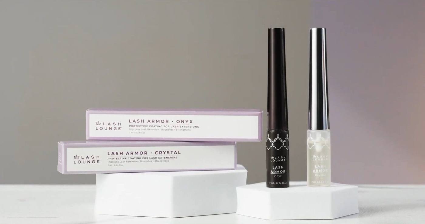 The Lash Lounge — Lash Armor Onyx & Crystal protective coatings styled on white risers