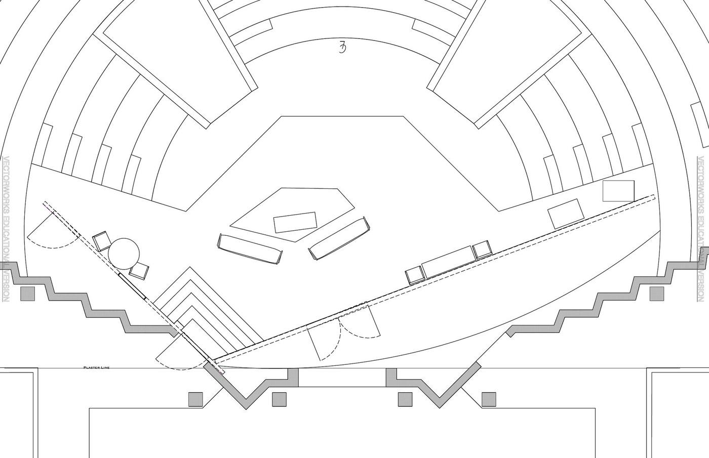 Misalliance scenic ground plan — Greer Garson Theatre in the round, with set walls, furniture and surrounding seating