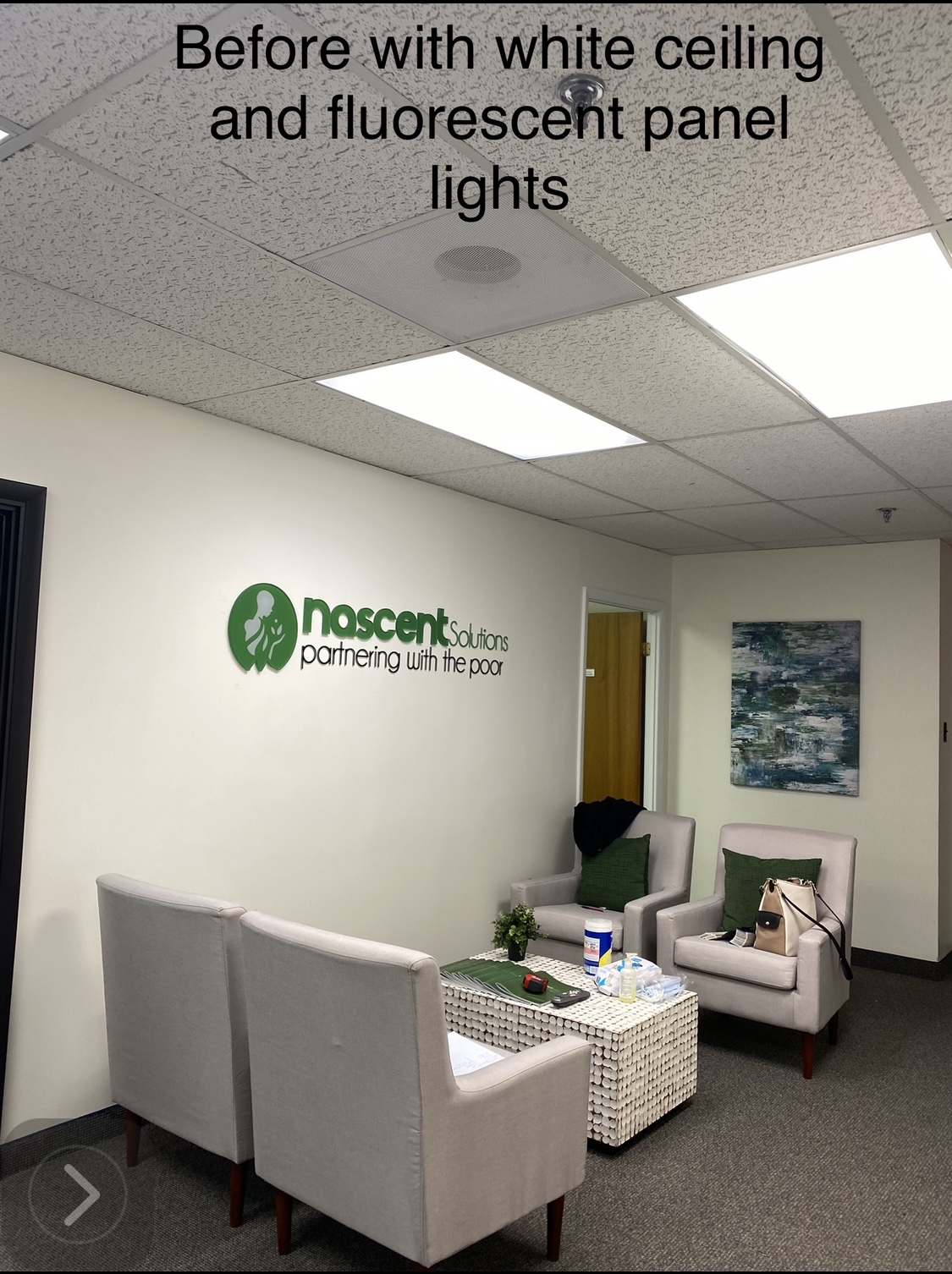 Before — reception ceiling and lighting