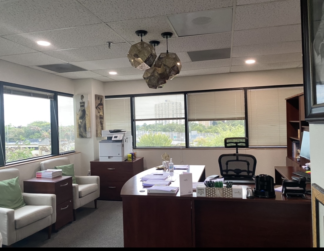 Finished — CEO office with sculptural pendants