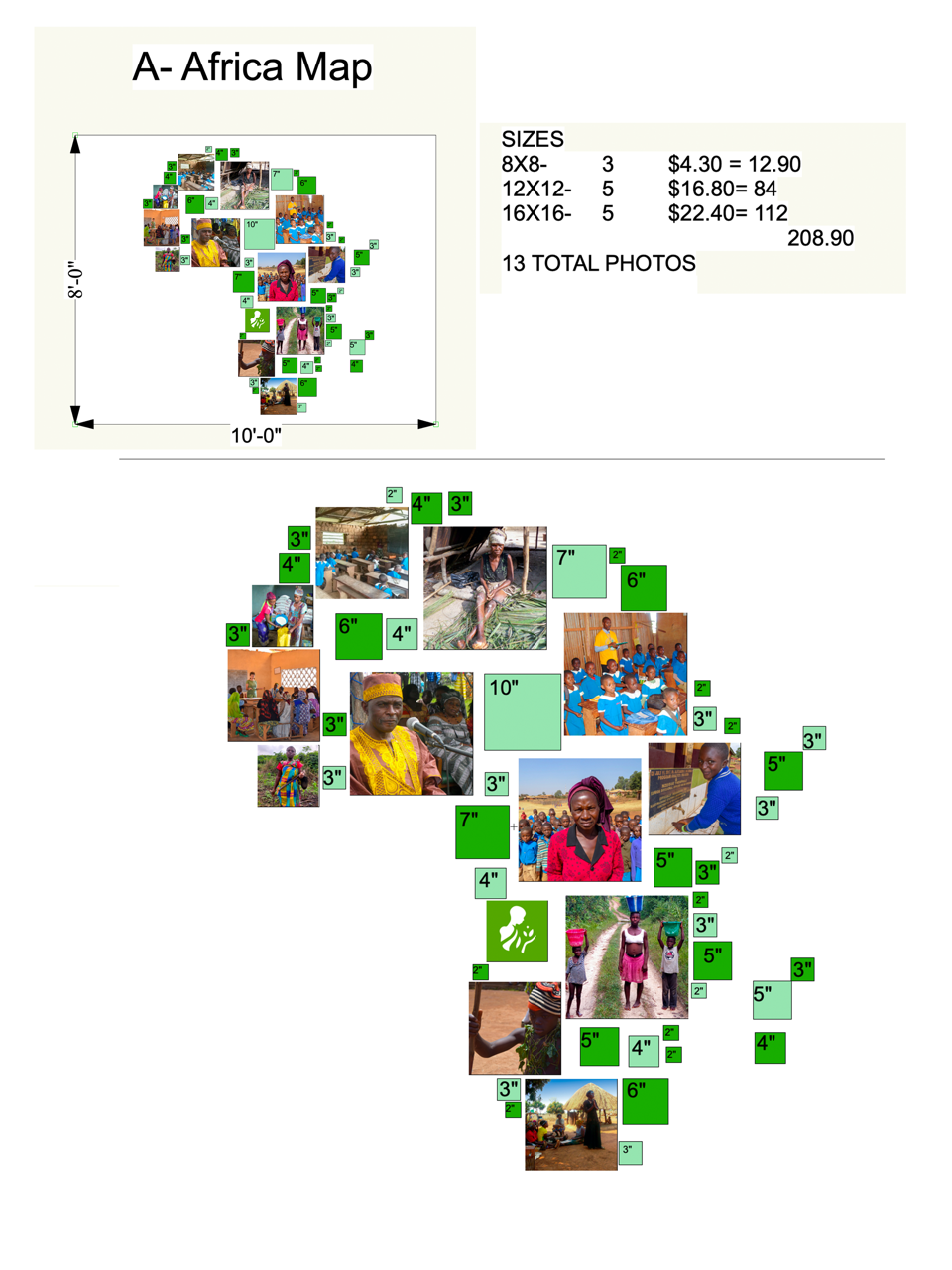 Layout plan — Africa Map wall, 10' x 8', 13 photos