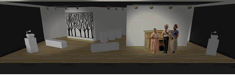 An Octoroon — 3D scenic rendering of the gallery setting with the graphic tree wall