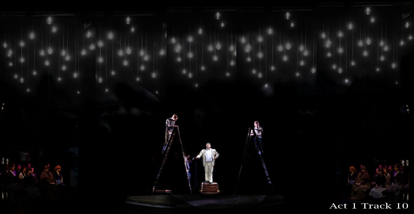 Act 1 — the company on ladders beneath the field of hanging bulbs