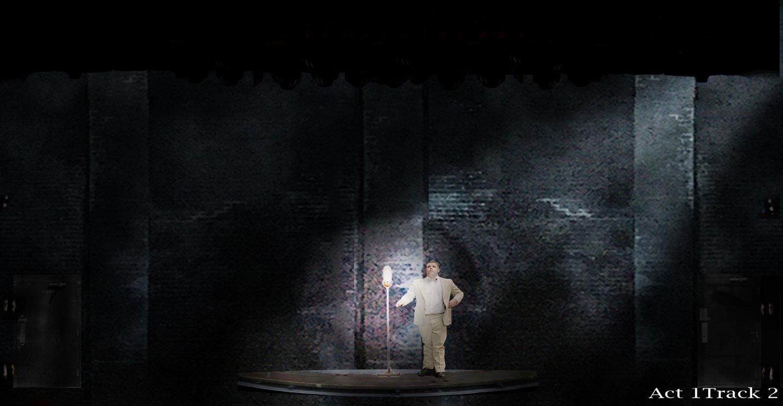 Act 1 — the Stage Manager in a tight special at the standing microphone