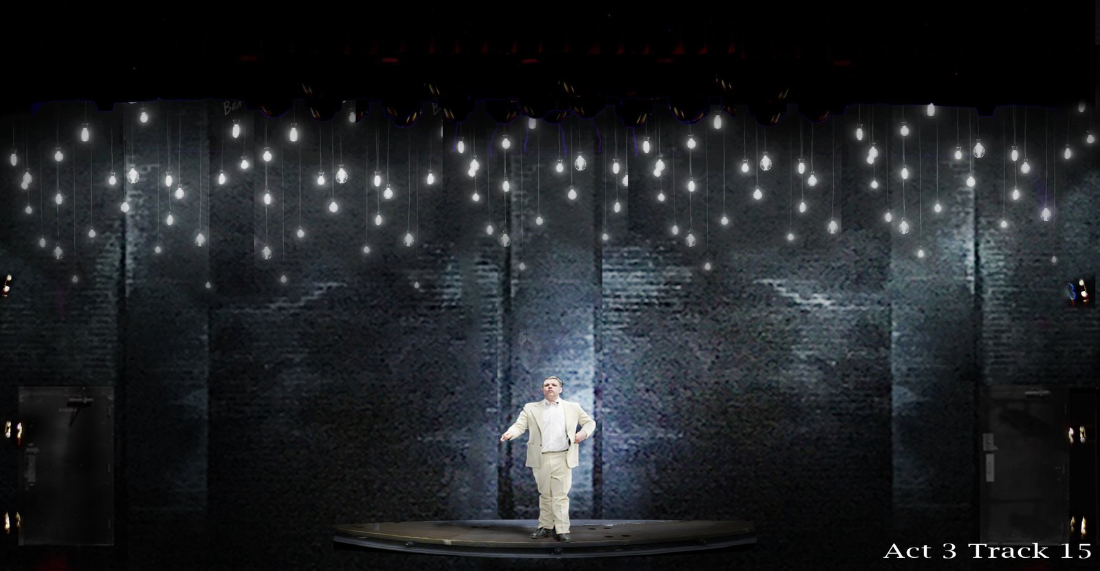 Act 3 — the Stage Manager alone beneath the full field of bulbs