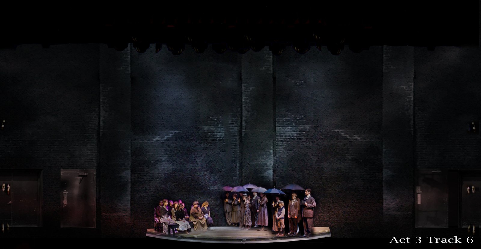 Act 3 — the funeral, the company under a row of umbrellas