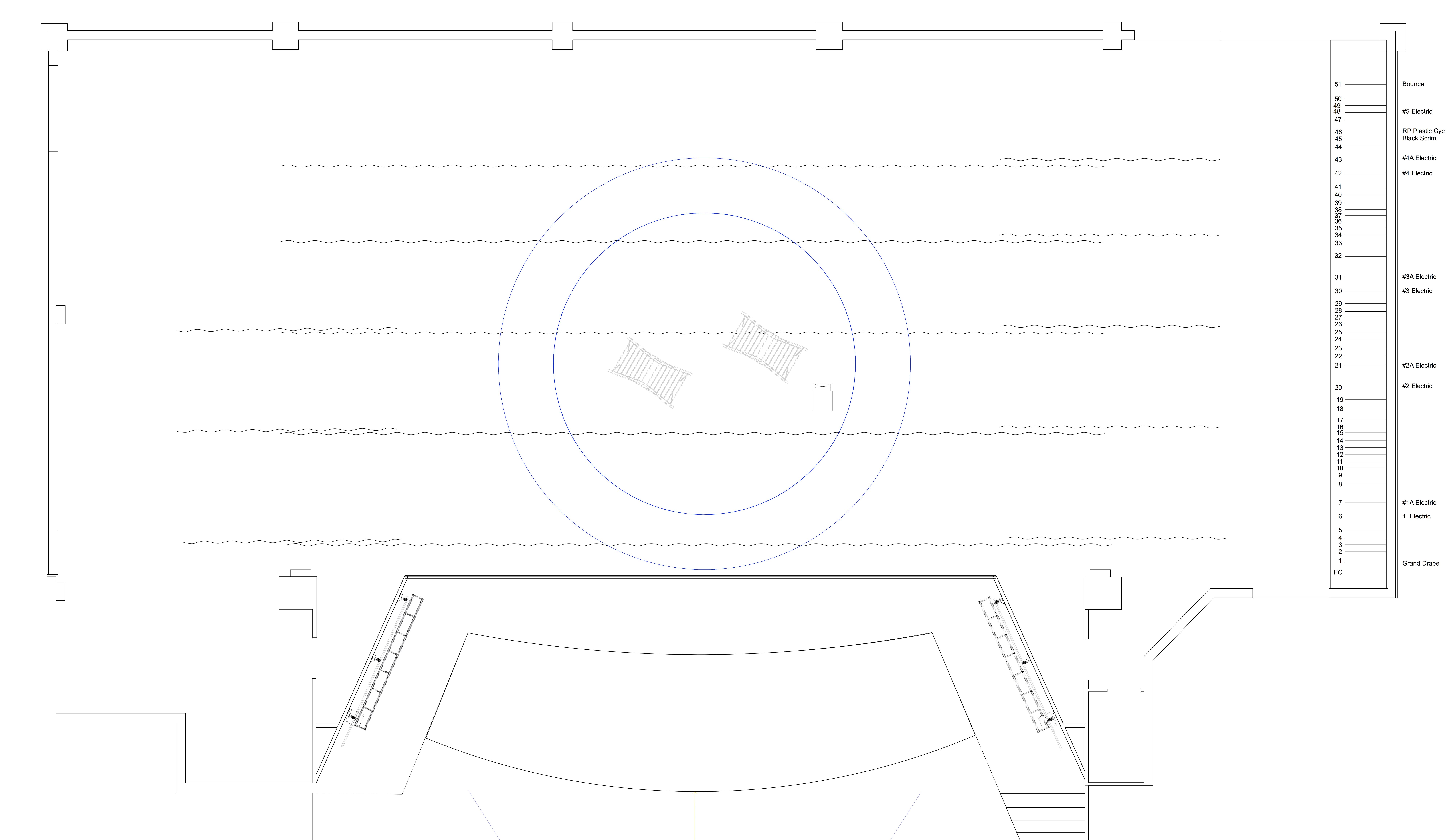 Theatre ground plan — turntable, thrust, linesets and vom entrances