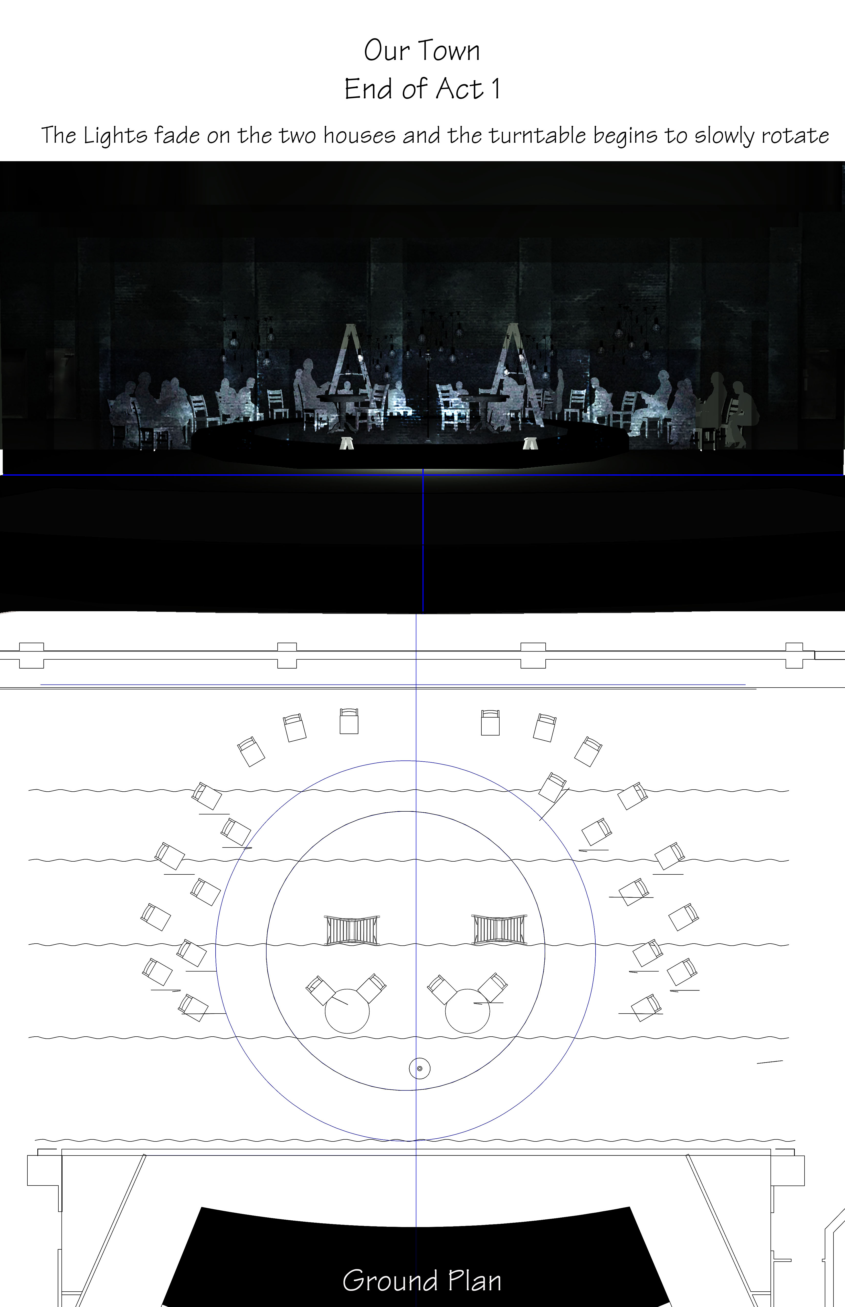End of Act 1 — lights fade on the two houses and the turntable begins to rotate