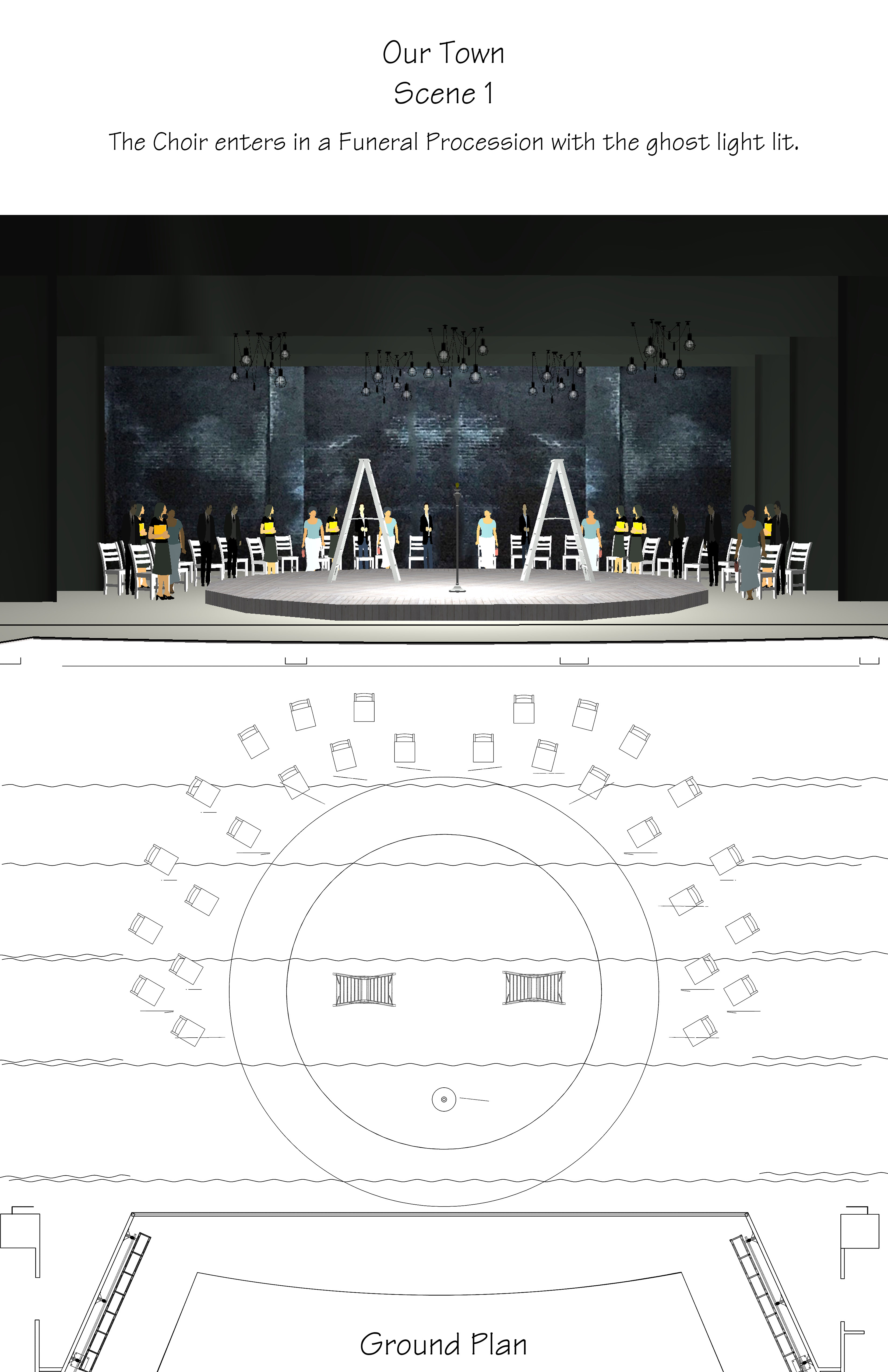 Scene 1 — the Choir enters in a funeral procession with the ghost light lit