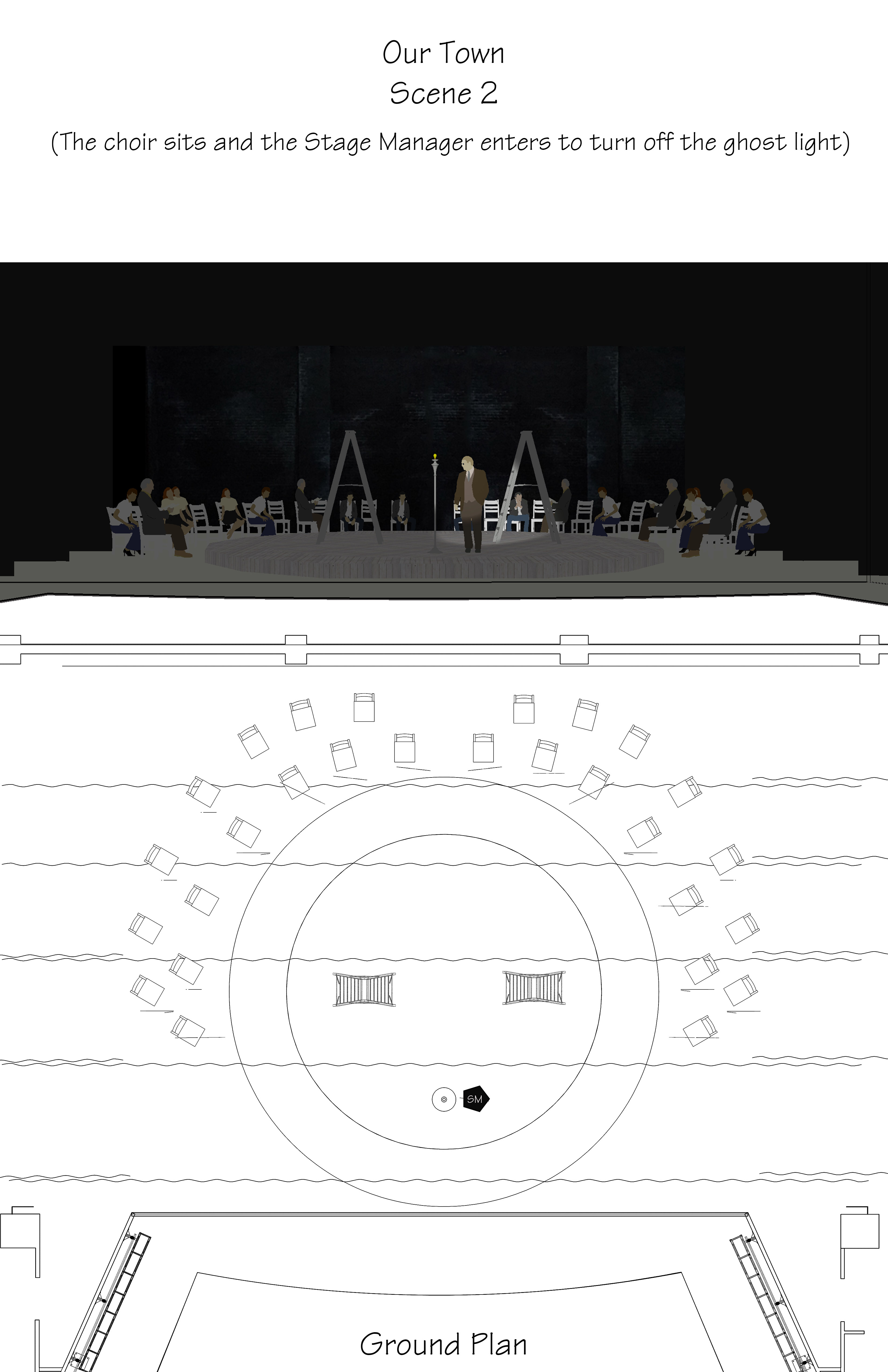 Scene 2 — the choir sits and the Stage Manager turns off the ghost light
