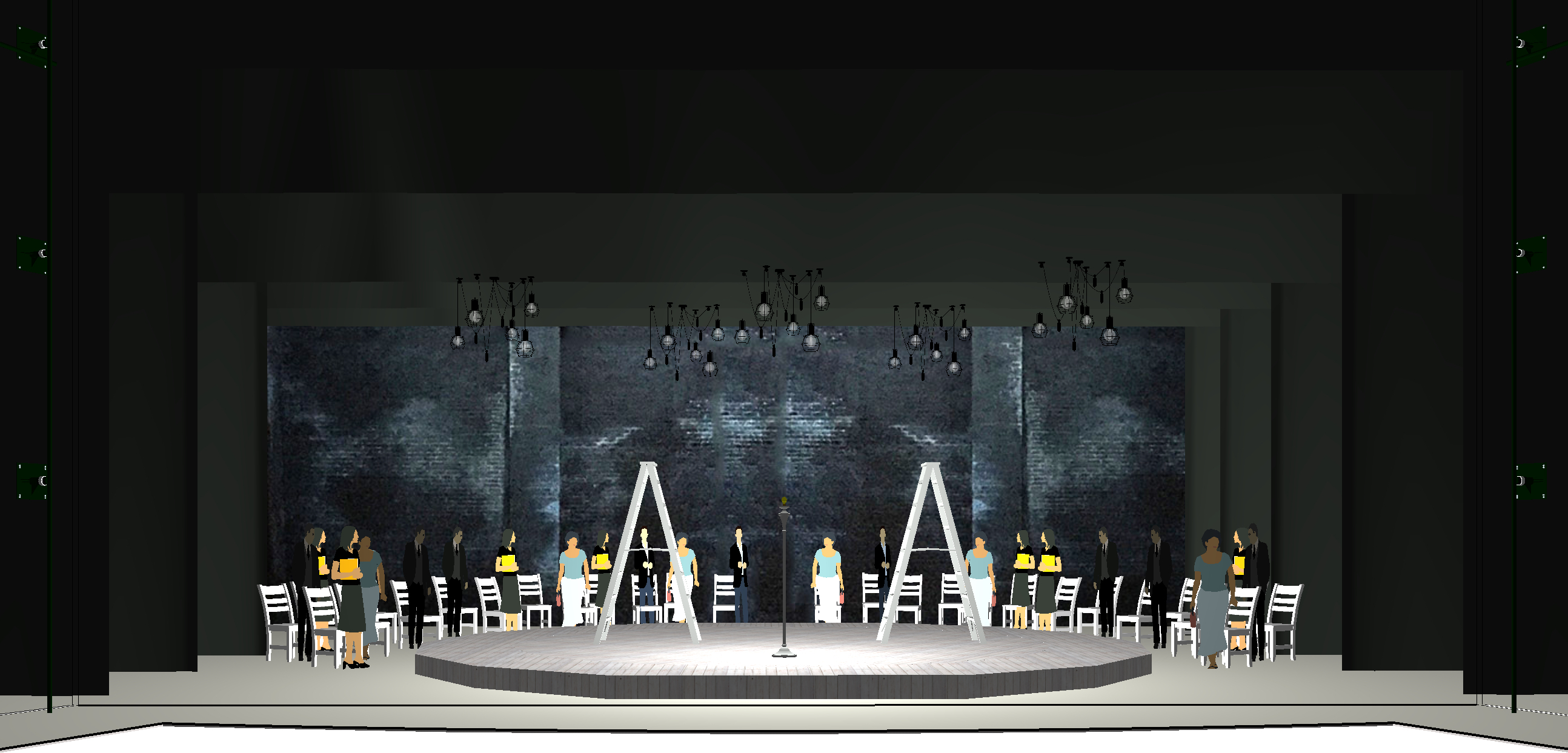 Color rendering — full company on the turntable, choir ringed in white chairs