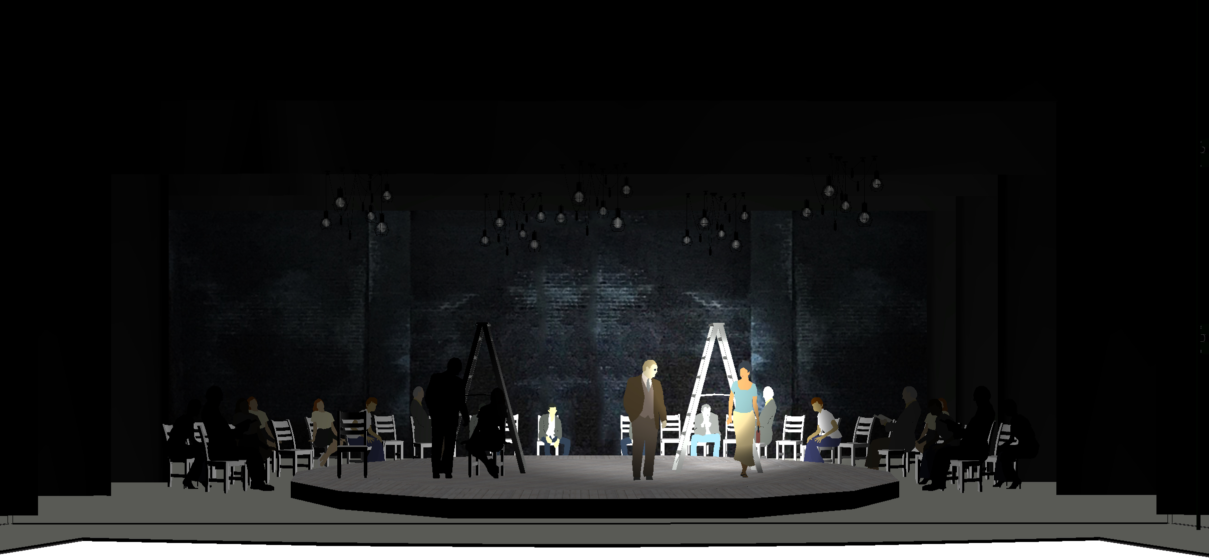 Color rendering — the same set at night, the two ladders centered