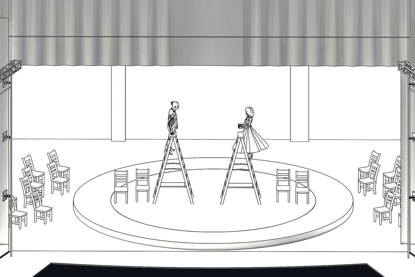 Scenic concept sketch — the two ladders over the circular platform ringed with chairs