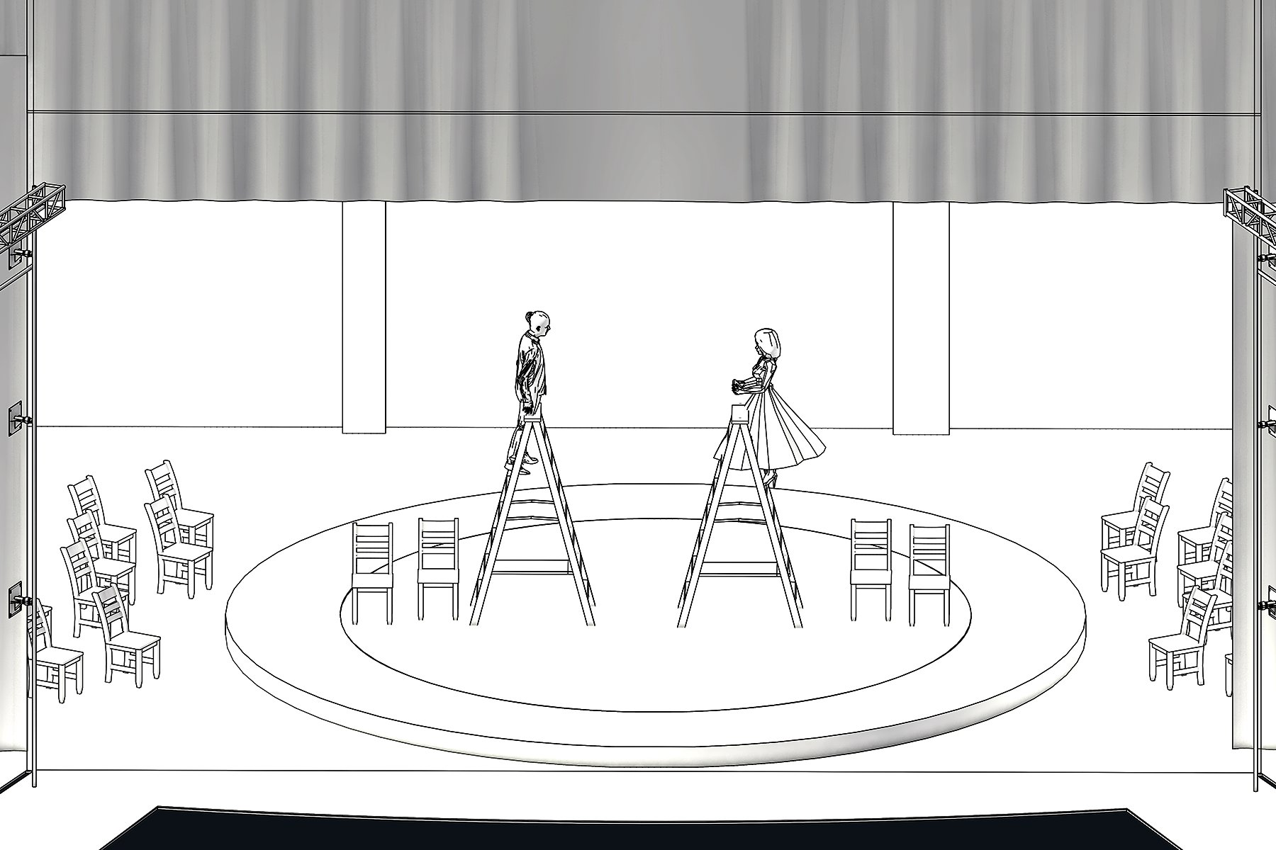 Scenic concept sketch — the two ladders over the circular platform ringed with chairs
