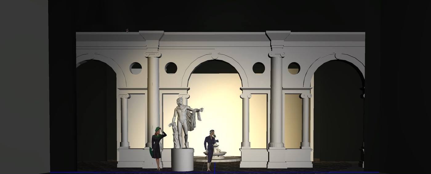 The Light in the Piazza — full colonnade reveal with Apollo statue centred in the warmly-lit piazza