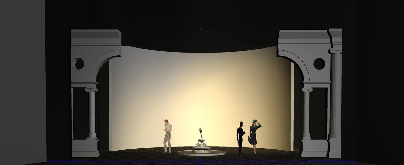 Concept sketch — fountain downstage with side column fragments