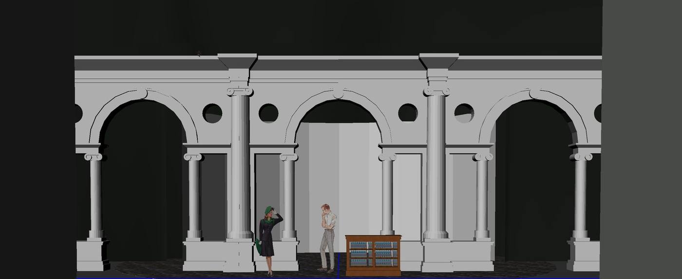 Concept sketch — colonnade reconfigured as bookshop with card cabinet