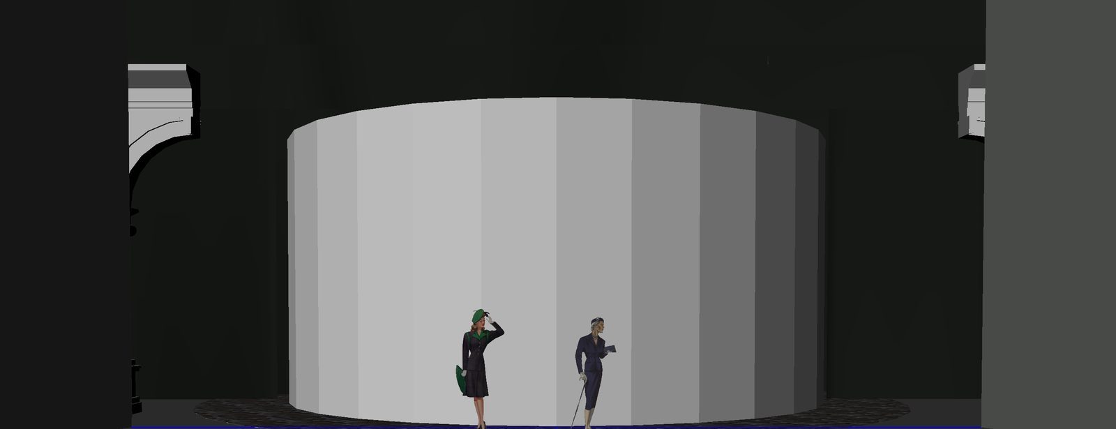 Concept sketch — intimate scene against cylindrical striped drum