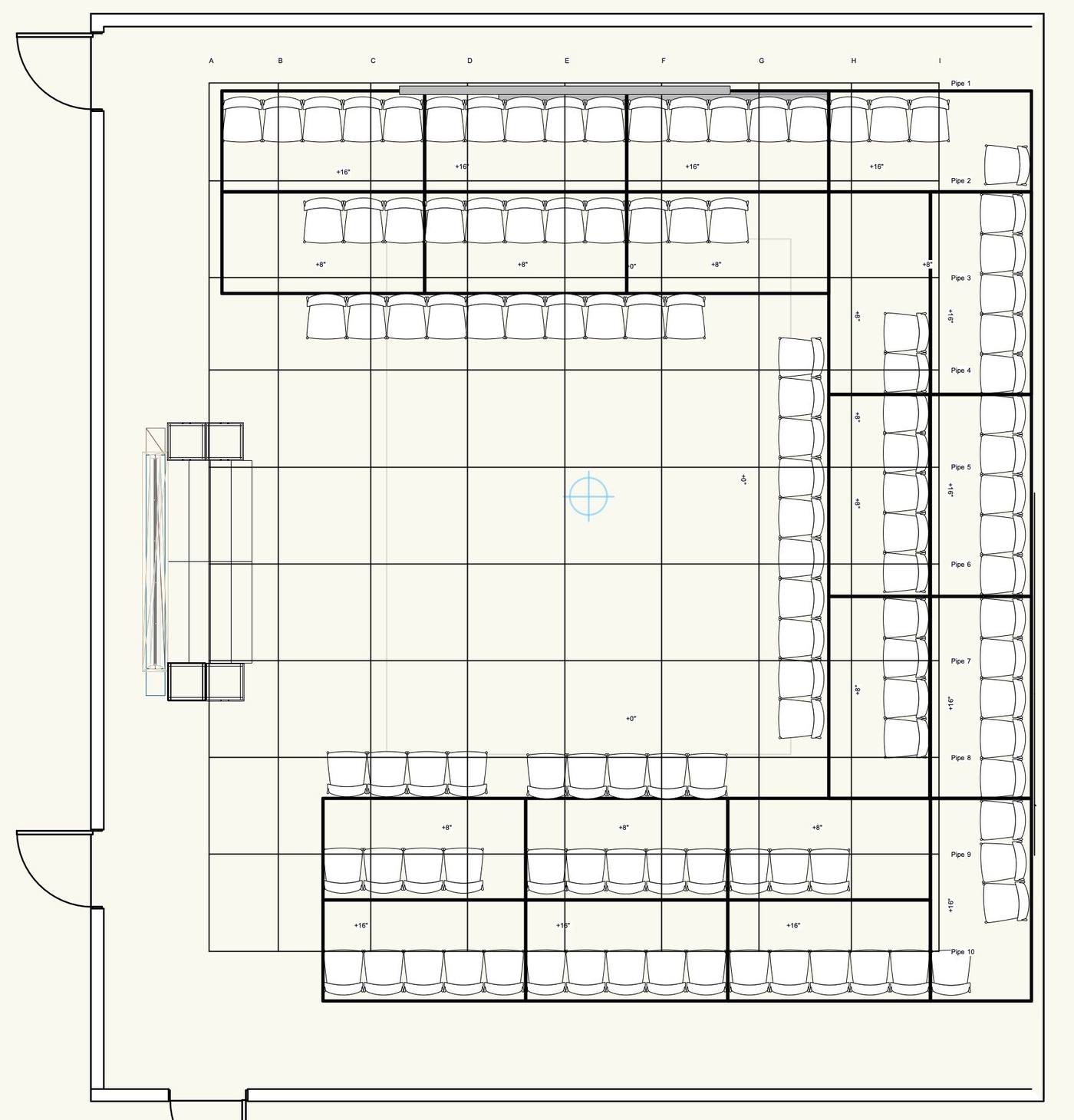 Initial ground plan study — early seating layout and riser heights