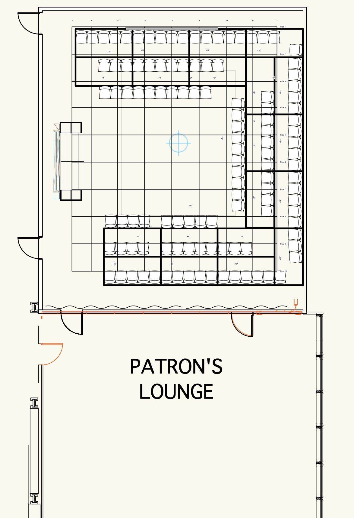 Ground plan with the patrons' lounge — risers at +8 inches and +16 inches around the open floor