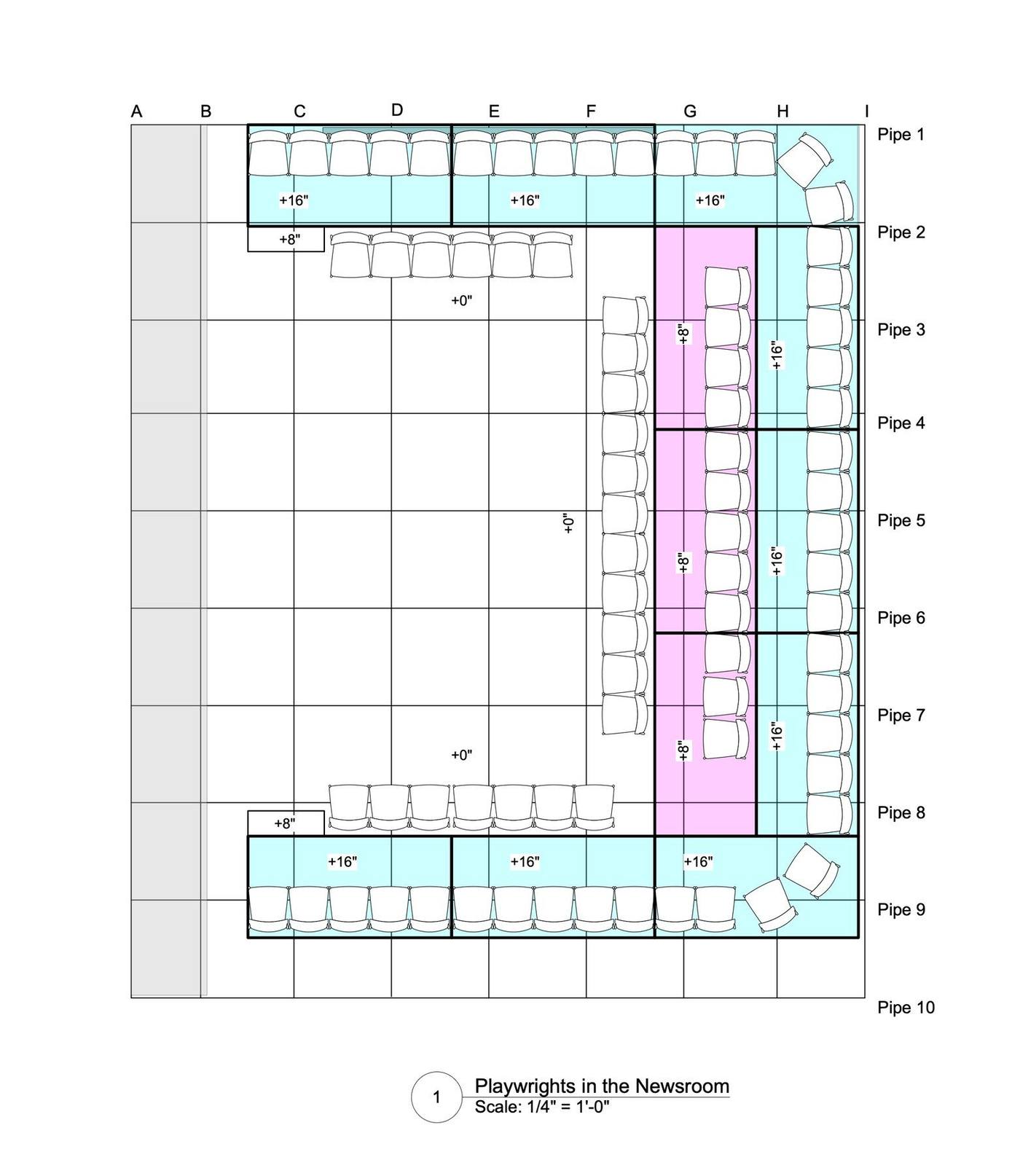 Ground plan — seating banks and pipe grid for the in-the-round configuration