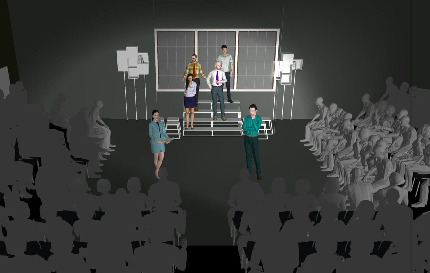 3D concept rendering — the window wall and step unit in the round, audience banked on both sides