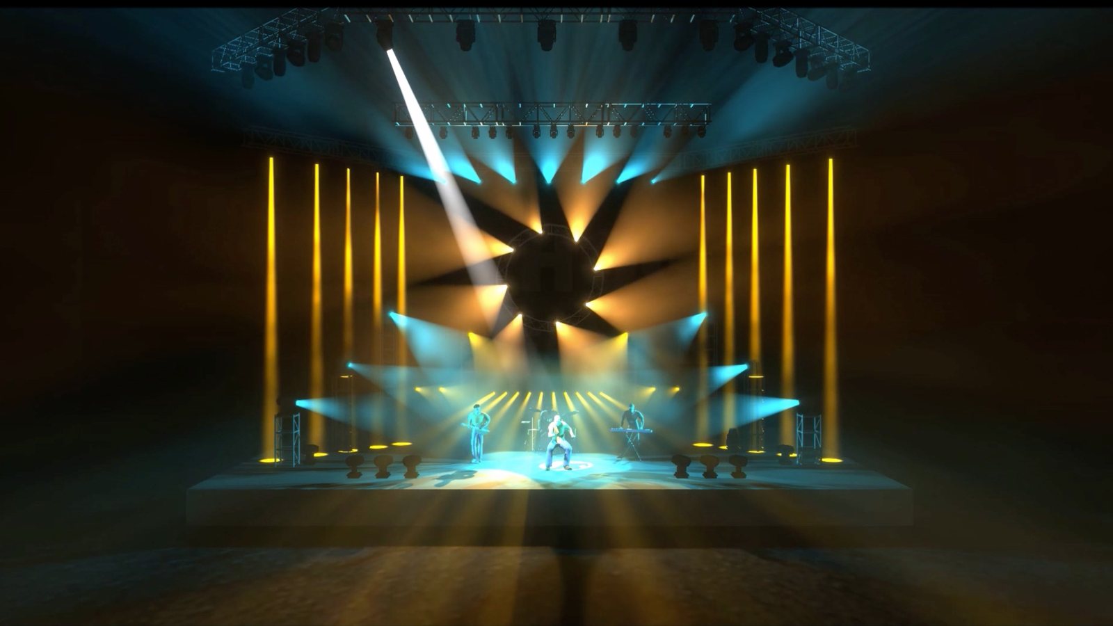 Lighting look — amber battens with cyan beam fan
