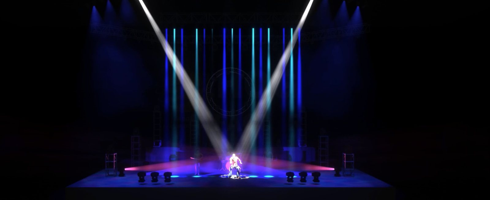 Lighting look — blue and cyan battens with white cross-beams