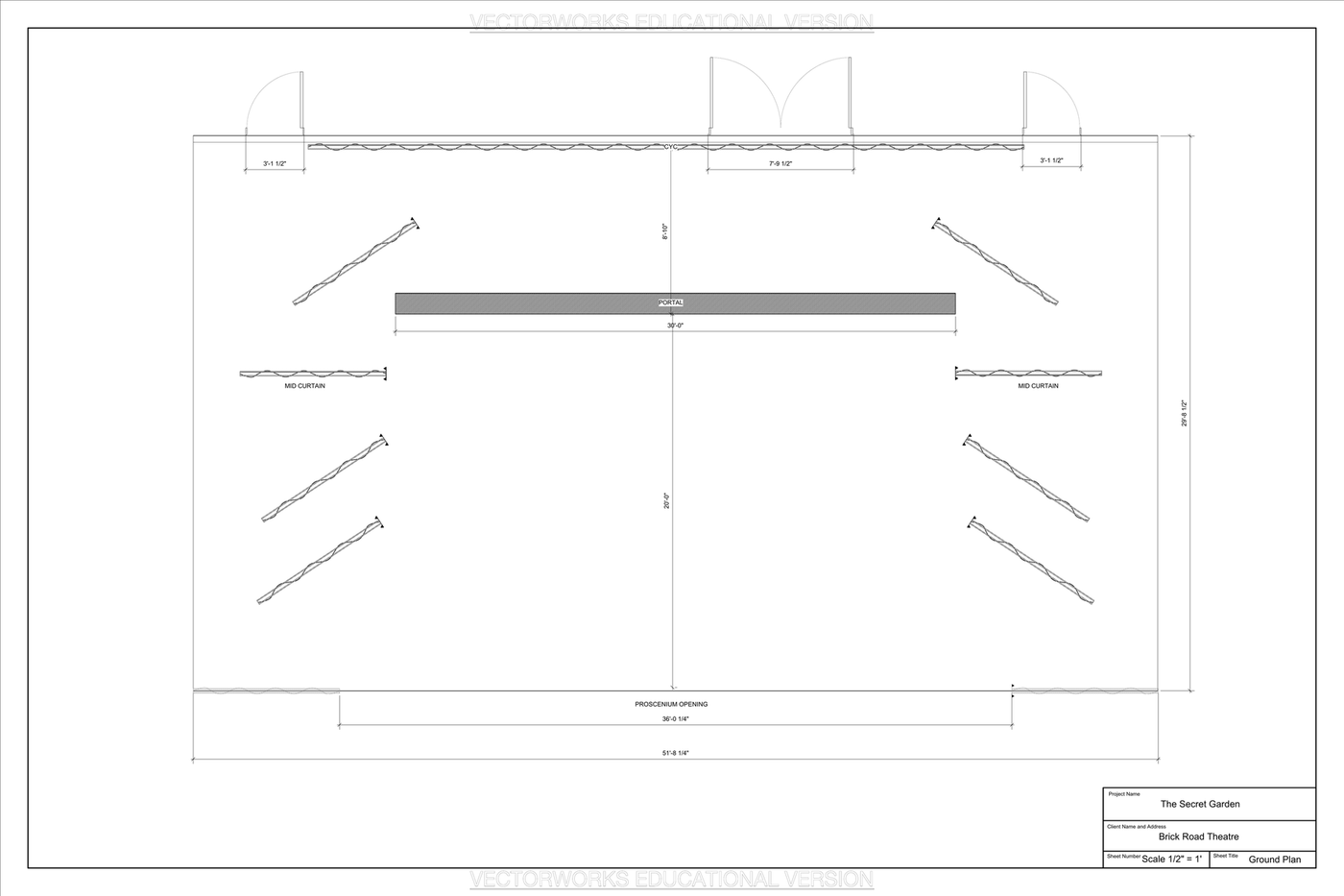 The Secret Garden ground plan — portal, cyc, mid curtains, proscenium with dimensions