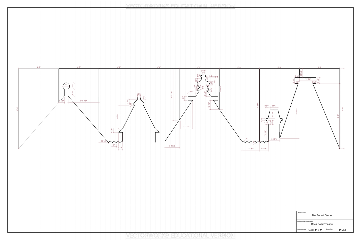 The Secret Garden portal drawing — dimensioned profile of the gabled-skyline rooftop and chimney cutouts