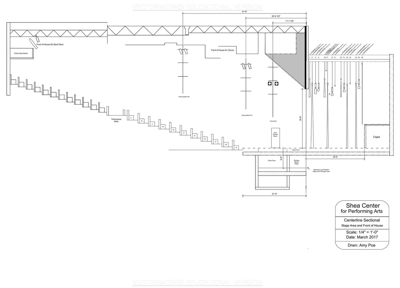 Shea Center for Performing Arts — centerline sectional, stage area and front of house, 1/4"=1'0"
