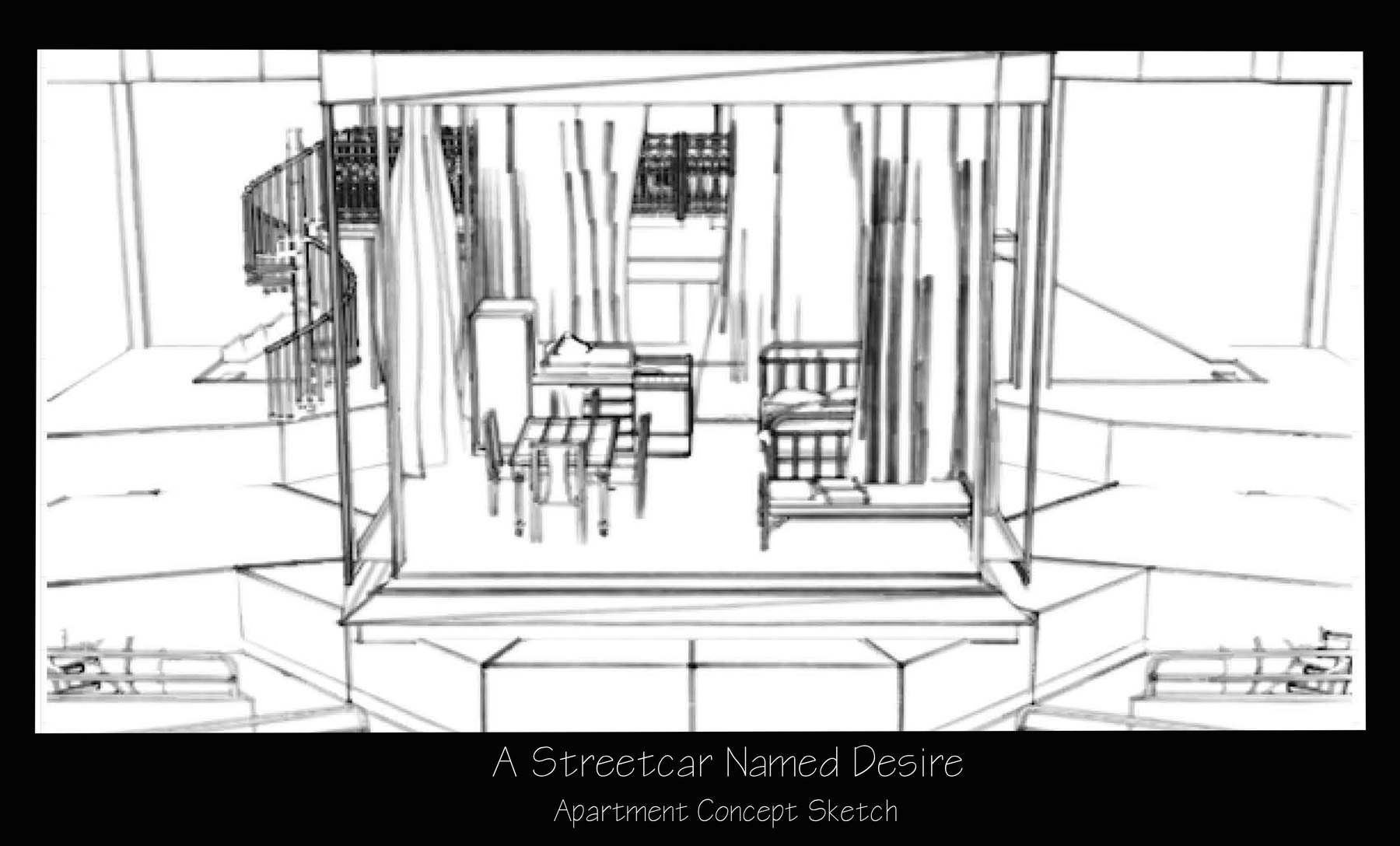 Apartment concept sketch — the glass-box apartment over the alley
