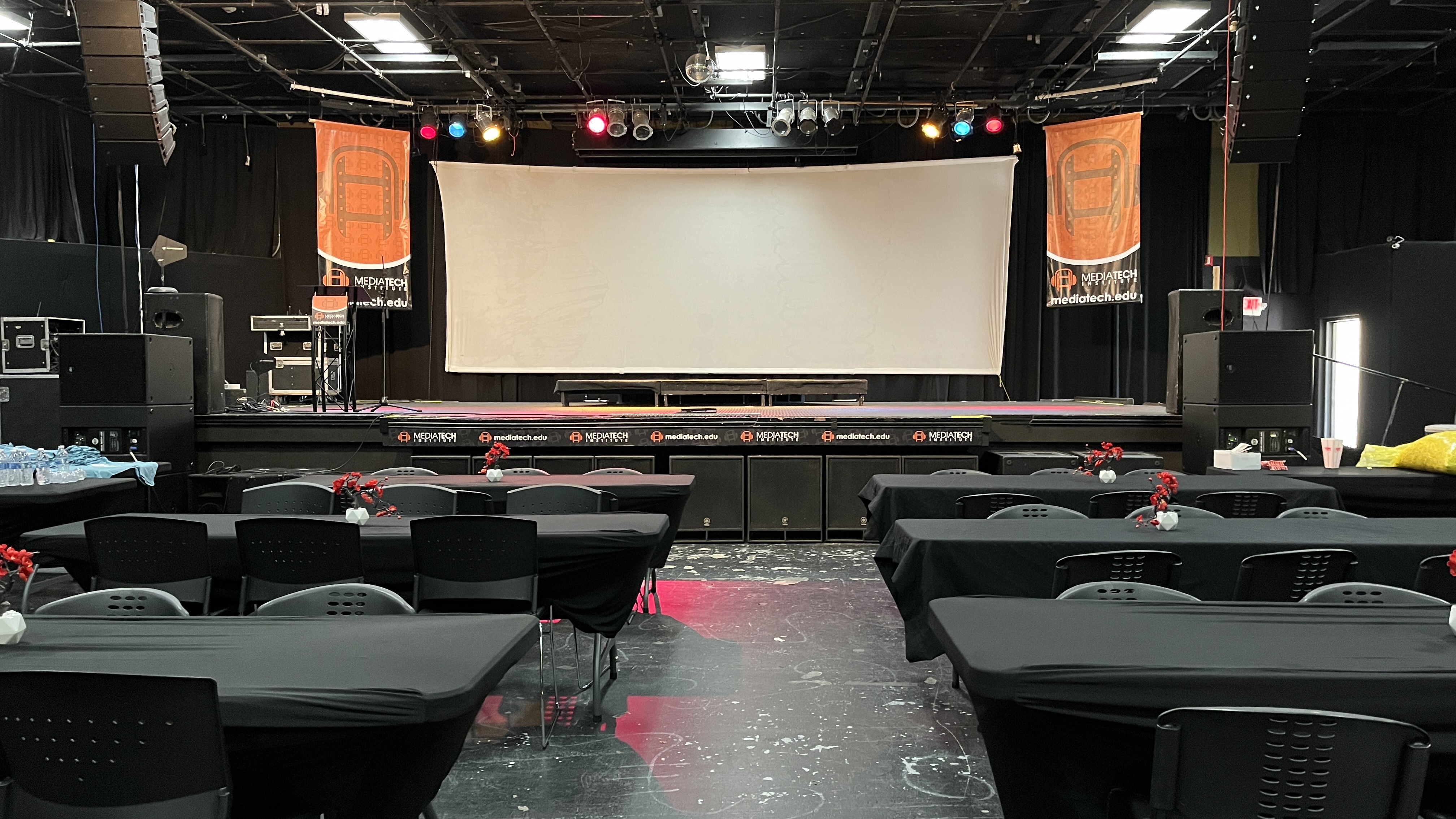 Screening theater dressed with festival banners and projection screen