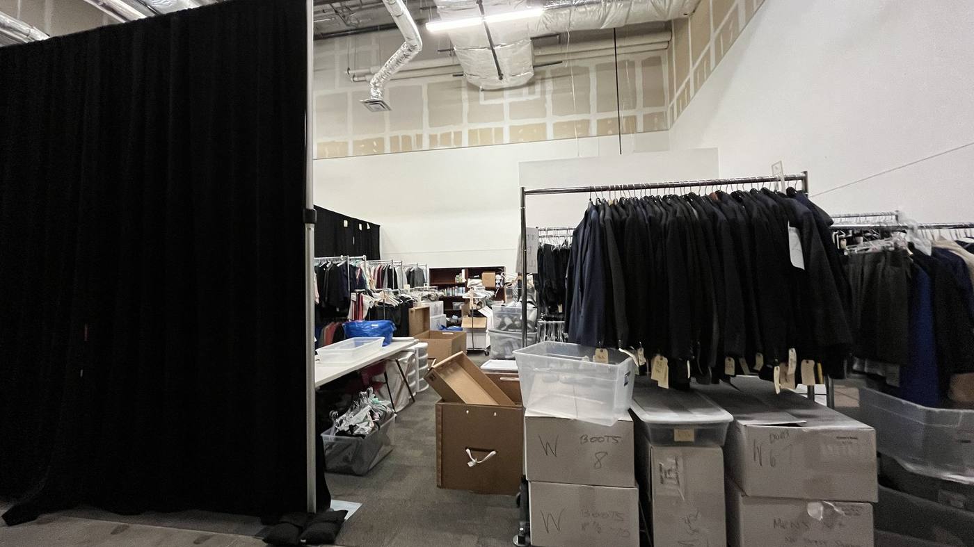 Wardrobe department — warehouse racks organized by category with shoe boxes